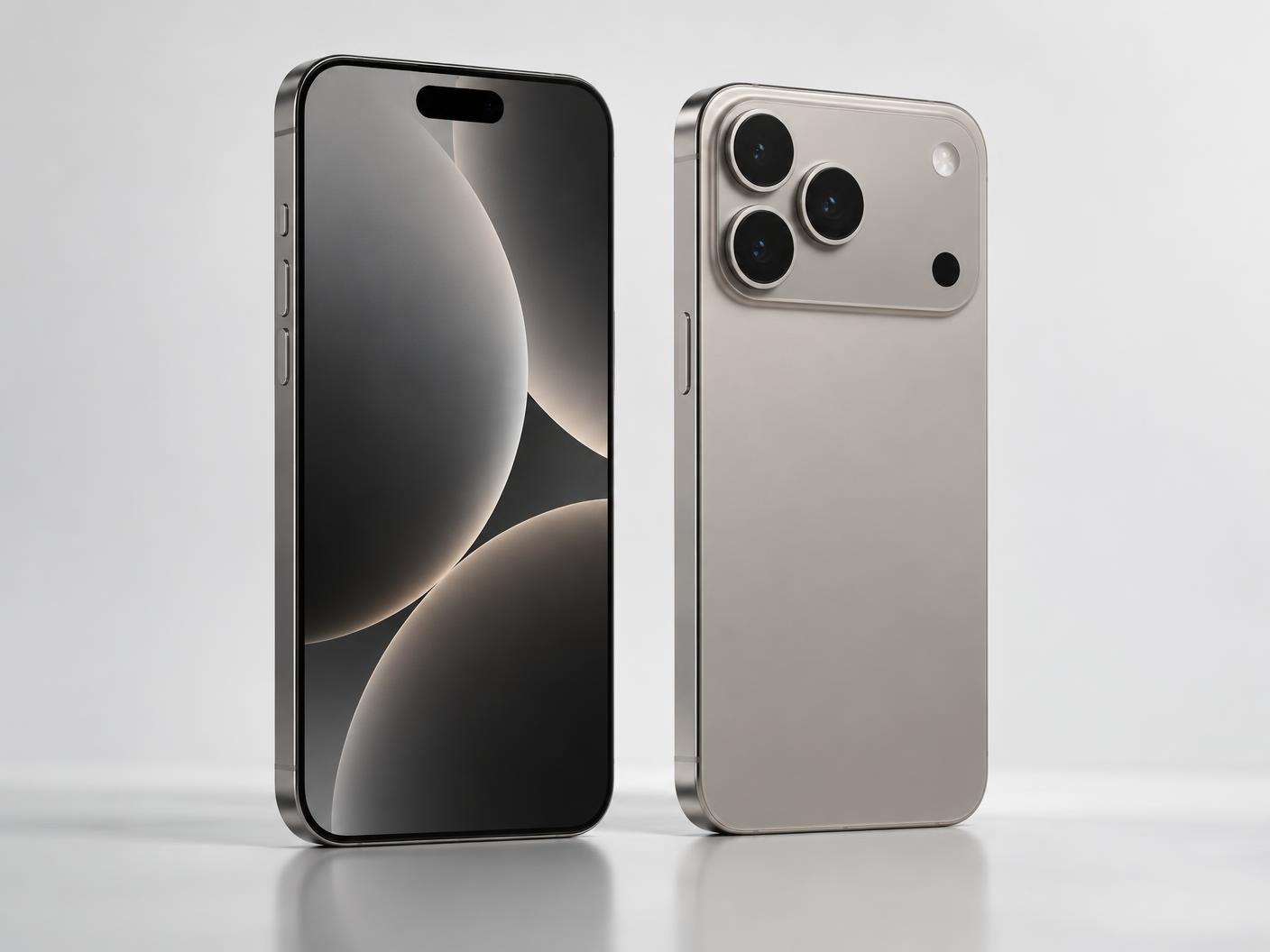 iPhone 18 Pro Max, finition graphite et titane — vue de face